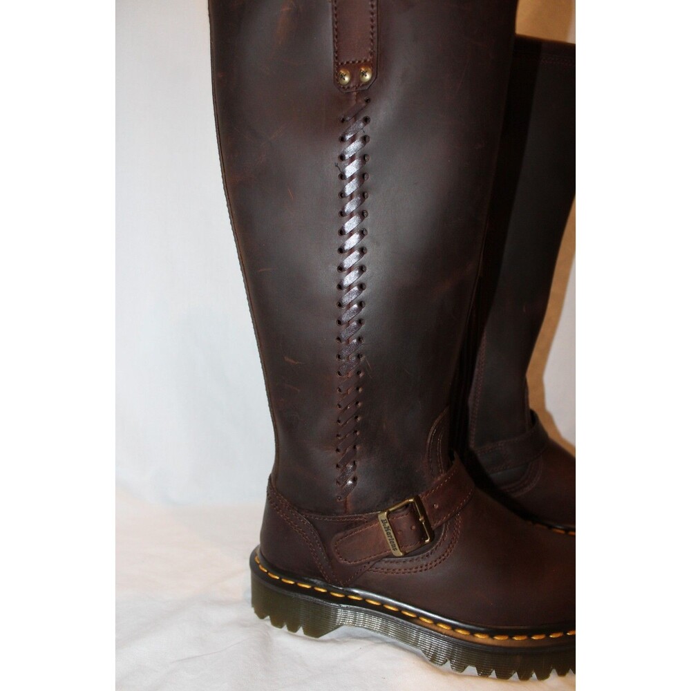 DR. MARTENS ANISTONE CRAZY HORSE BROWN KNEE HIGH LEATHER BIKER BOOTS $290 US 6 - Picture 9 of 11